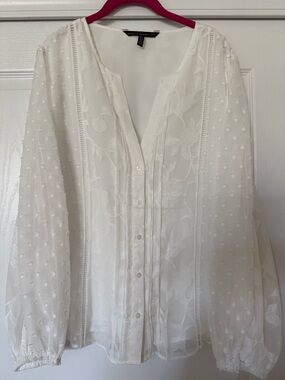 White House Black Market White Embroidered Swiss Dot Button-Front Blouse